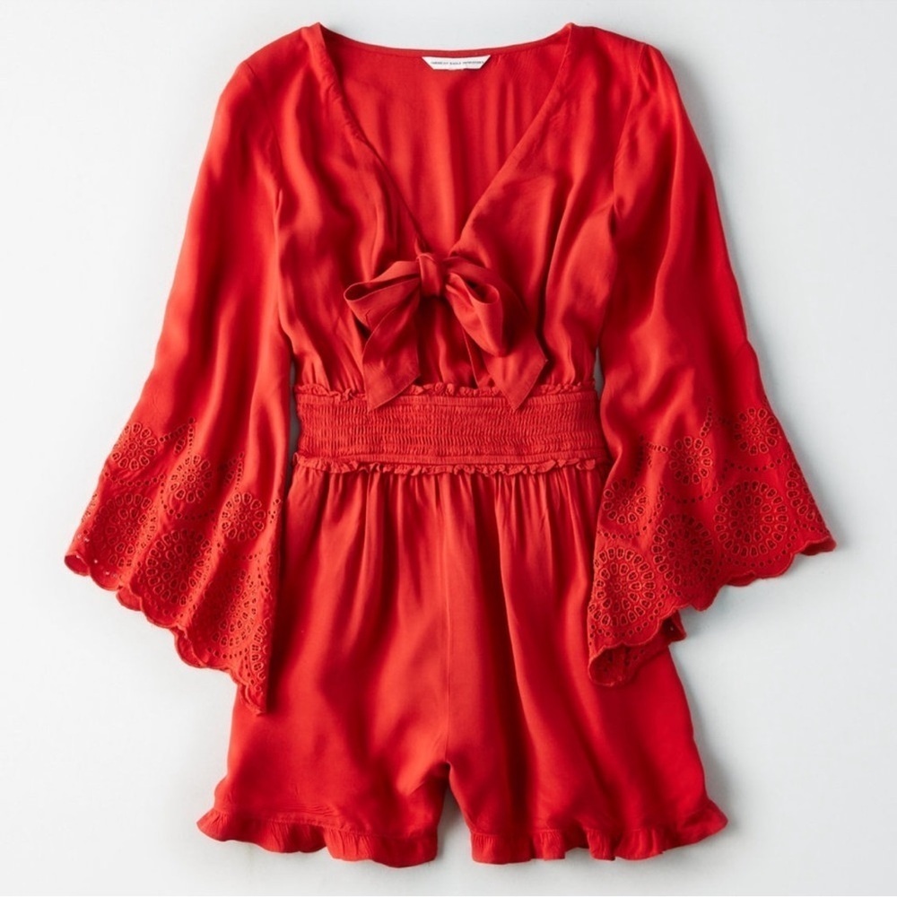 NWT Blue Rain Francesca’s Ashlynn Red Smocked Tie Front Bell Sleeve Romper S